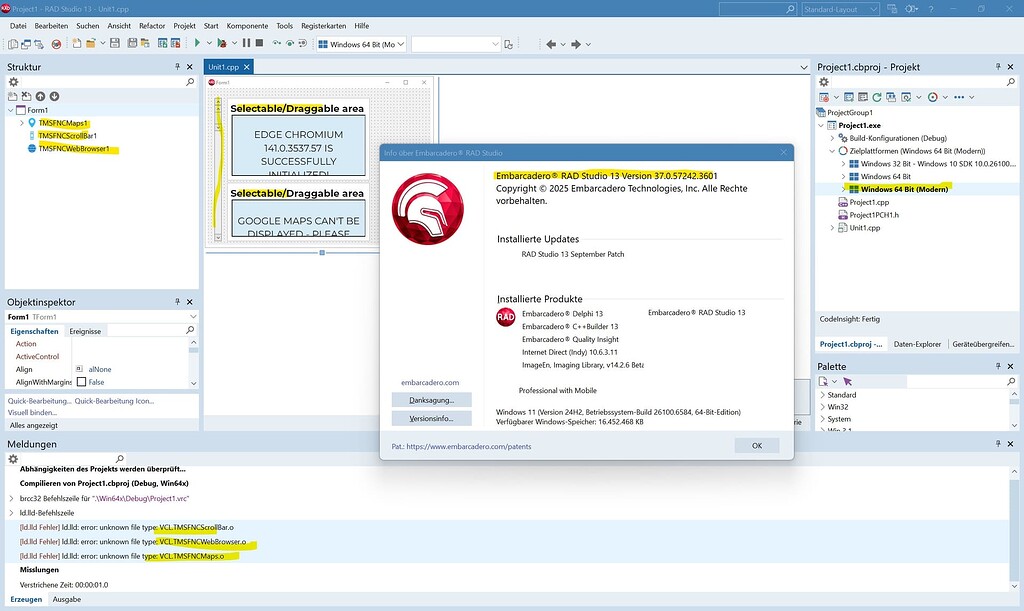 RAD Studio 13 (32-Bit) / C++ / Windows 64-Bit (Modern) : linker has ...